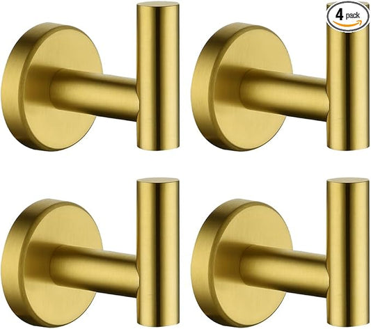 JQK Bathroom Towel Hook Brushed Gold, Brass Coat Robe Clothes Hook for Bathroom Kitchen Garage Wall Mounted (Pack of 4), SUS 304 Stainless Steel 0.8mm, TH100-BG-P4