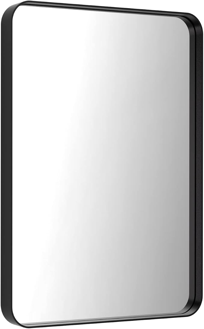 LOAAO 22X30 Inch Black Bathroom Mirror Metal Framed | Rounded Rectangle, Matte Black Bathroom Vanity Mirror, Anti-Rust, Hangs Horizontally or Vertically