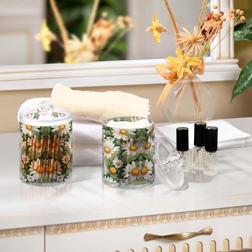Daisies Pattern Qtip Holder 2 Pack - 10 Oz Clear Plastic Apothecary Jar Set for Bathroom Organization - Versatile Canister Storage for Cotton Balls, Swabs, Rounds