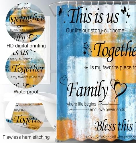 Lnond 4Pcs Shower Curtain Set with Toilet Lid Cover and Non-Slip Rugs for Bathroom,Orange Blue Abstract Motivational Bathroom Sets with Shower Curtain and Rugs