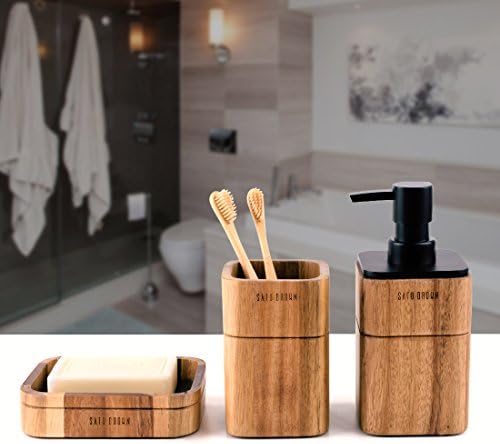 Bathroom Accessory Set Acacia Wood 3 Pieces Includes Bathroom Soap Dispenser, Bathroom Tumbler, Soap Dish Accessories for Bathroom Decor and House Warming Gift