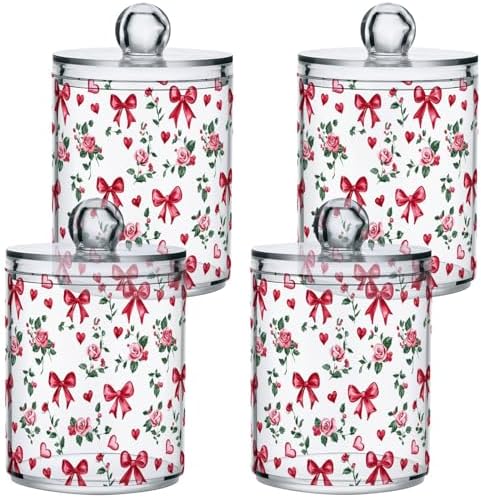 Gredecor 4 Pack Qtip Holder Clear Bows Ribbon Rose Apothecary Jars with Lids Acrylic Bathroom Jars Vanity Countertop Canister Storage Organizer for Cotton Ball,Swabs,Pads,Floss