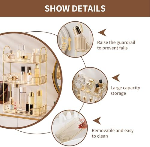 YCIA&DONE Bathroom Organizer Countertop, Makeup Storage, Skincare Cosmetic Tray Shelf, Perfume Holder Rack for Vanity Counter, Large Capacity, Easy to Install, Clean, 3 Tiers, Amber Gold
