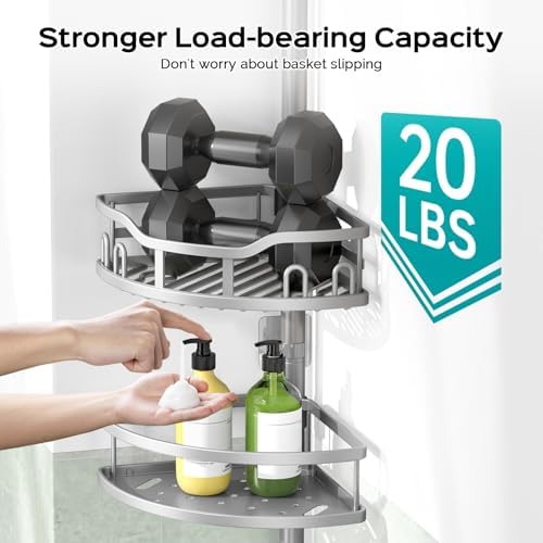 HAMITOR Corner Shower Caddy Tension Pole: Rustproof Stable 4-Tier Bathroom Organizer Shelves for Bathtub Shampoo Storage - 47-121 Inch Quick Install Adjustable Shelf with Soap Rack - Silver Gray