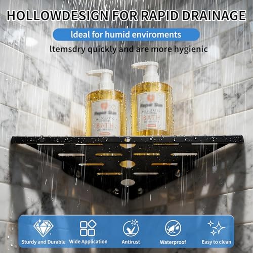 2Pack Corner Shower Shelf 10" 304 Steel 6Hooks 40Lb Duty Drill-Mount Black