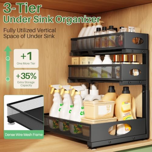 Kitstorack Under Sink Organizer 3-Tier Slide Out Drawer 2-Pack Black
