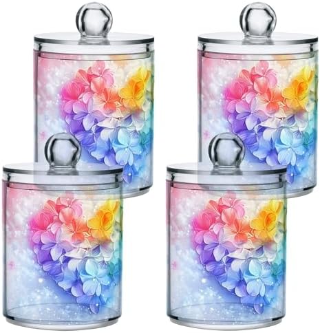 MNSRUU 4 Pack Qtip Holder Organizer Dispenser Pink Hearts Bathroom Containers Bathroom Vanity Storage Canister Apothecary Jars for Cotton Swabs/Pads/Floss