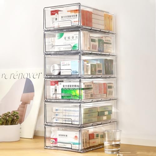 clear Drawer-Type Plastic Storage Box Bins Organizer，Family First Aid Kits Medicine cabinet Box Organizer,Closet ，Shelf，Ointments, Adhesive Bandages，Cosmetics,Office Items (clear, 6L)