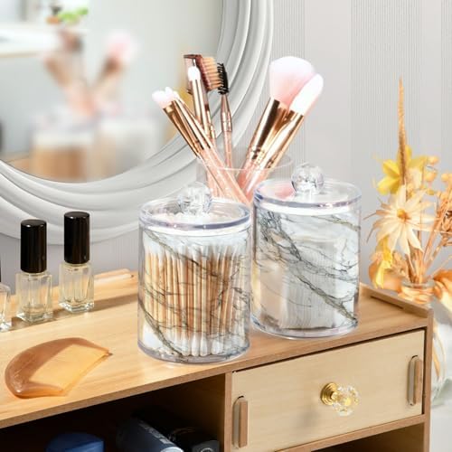 MNSRUU 2 Pack Qtip Holder Organizer Dispenser Stylish White Marble Texture Bathroom Storage Canister Cotton Ball Holder Bathroom Containers for Cotton Swabs/Pads/Floss