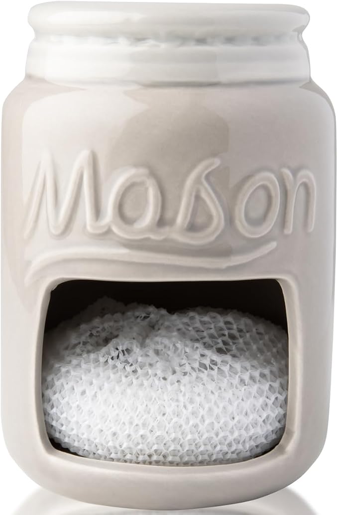 Comfify Grey Mason Jar Ceramic Sponge Holder – Farmhouse Sink Caddy | Grey; mason jar ceramic; 5"H x 3.75" diameter; includes nylon scrubby; embossed 'MASON'; decorative lid; farmhouse