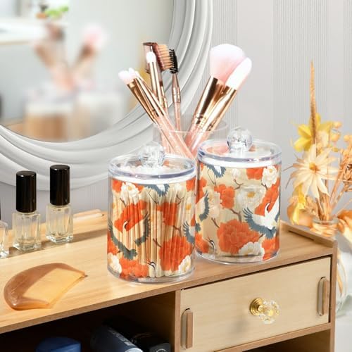 2 Pack Qtip Holder Organizer Dispenser Cranes Orange Flowers Bathroom Storage Canister Cotton Ball Holder Container for Cotton Pads/Swabs/Floss
