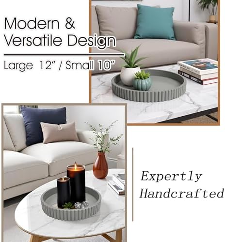 Modern Table Round Decorative Trays 2pcs Home Decor - Circle Coffee Table Centerpiece Set 12"/10" - Wooden Cool Grey Ottoman Tray with Fluted Edge