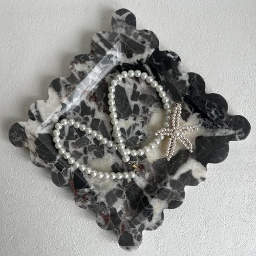 Vintage Natural Marble Tray Small Ornaments Scalloped Tray Handmade Storage Dish for Counter, Vanity, Dresser, Nightstand and Desk (Black White Brown)