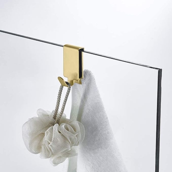 Double Hooks for Glass Shower Door, Towel Hooks Over The Bathroom Glass Wall 0.31-0.39in, Stainless Steel, Gold,2 Pack.