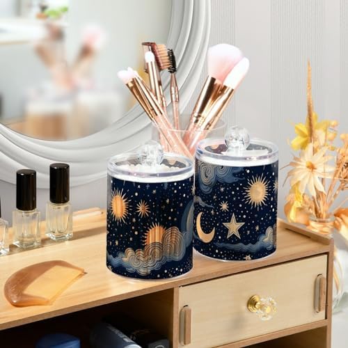 4 Pack Apothecary Jars Bathroom Stars and Moon Qtip Holder Dispenser Clear Plastic Storage Canister Jar with Lid for Cotton Ball, Cotton Swab