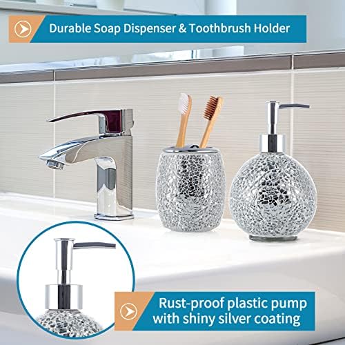 Mosaic Glass Bathroom Accessories Set, Modern Luxury Bath Ensemble, Includes Soap Dispenser & Cotton Swab Jar & Toothbrush Holder & Vanity Tray (Shiny Silver)