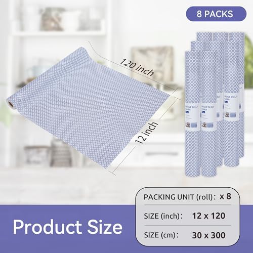 FIFTY FEET 12"x120" Non-Adhesive Shelf Liner for Kitchen Cabinets and Drawers, Washable Non-Slip PVC Cabinet Liner (Blue Circle)(8 Roll)