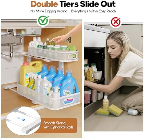 2 Pack 19.3IN-Depth Under Sink Organizer with Smooth Cylindrical Rail,2-Tier Pull Out Multi-Purpose Cabinet Storage for Bathroom&Kitchen,Height Adjustable,Rust-Resistant Coating-White