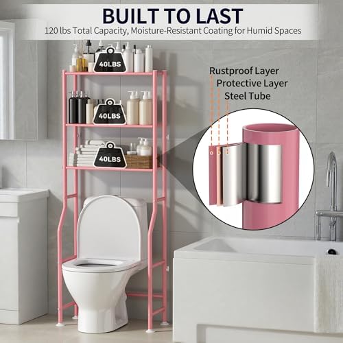 3-Tier Over Toilet Storage, Anti-Tip, 64" H, Pink