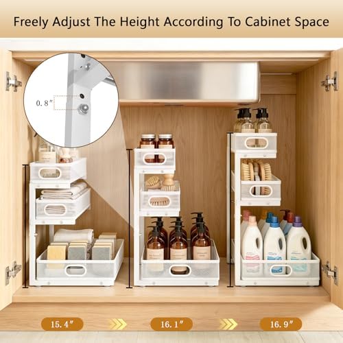 Under Sink Organizer, 3-tier Under Sink Storage Organizer Adjustable Height Easy Assembly Pull Out Cabinet Organizers Basket for Bathroom Kitchen Pantry Home Organization