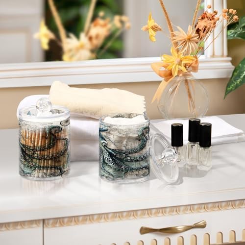 ALAZA Compass Kraken Starfish World Map 4 Pack Qtip Holder Dispenser for Cotton Swabs, Balls, Pads, Floss 10 oz Plastic Canister Organizer