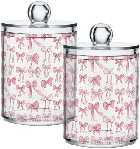 Gredecor 2 Pack Qtip Holder Clear Aesthetic Pink Ribbon Bow Doodle Apothecary Jars with Lids Acrylic Bathroom Jars Vanity Countertop Canister Storage Organizer for Cotton Ball,Swabs,Pads,Floss
