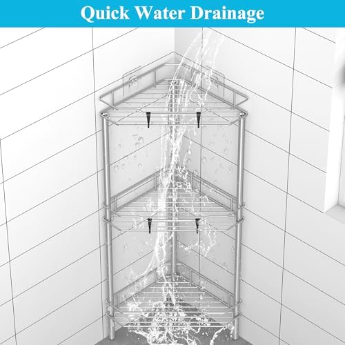 HuggieGems Metal Floor Standing Corner Shower Caddy, Gray, 3 Tier
