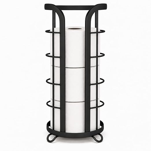 BROOKSTONE Toilet Paper Holder Stand Reserve - Free Standing Toilet Paper Stand with Storage that Holds Mega Rolls, Standing Bathroom Tissue Organizer, Bathroom Decor - Modern Storage Holder, Black