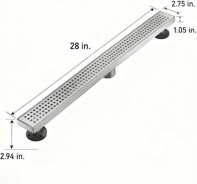 AVSIILE Linear Shower Floor Drain, Brushed Nickel 28 Inch 304 Stainless Steel Bathroom Drains Kit, Long Rectangular Shower Trench Drain with Square Pattern Drain Cover & Hair Catcher