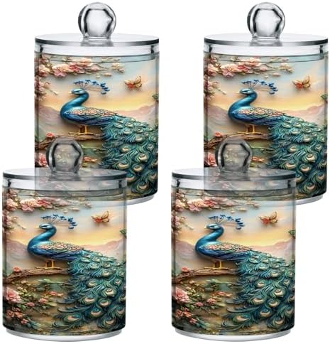 ALAZA Peacock Butterfly Peony 2 Pack Qtip Holder Dispenser for Cotton Swabs, Balls, Pads, Floss 10 oz Plastic Canister Organizer