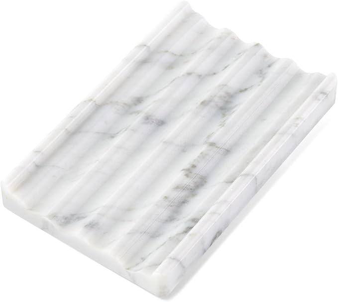Soap Holder, Marble Soap Dish for Shower, Bar Soap Holder with Water Ripple Design, Easy Cleaning Soap Saver for Kitchen Sink，Bathroom, Executive Italian Natural Stone Soap Tray(Bianco Carrara)