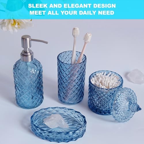 LaMarriti Blue Bathroom Accessories Set, 4Pcs Clear Glass Bathroom Set