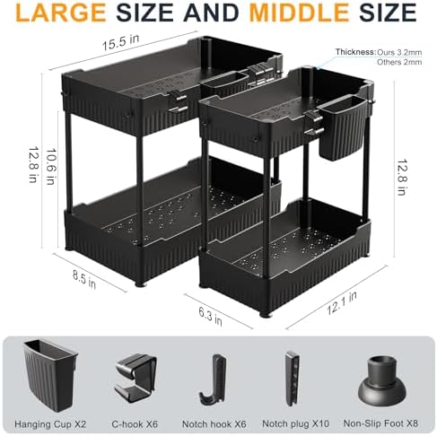 Sevenblue 2-Pack Under Sink Organizer with Hooks & Hanging Cup for Kitchen
