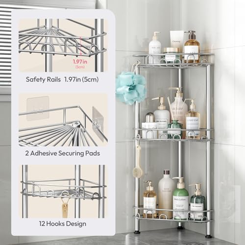SWTYMIKI Standing Shower Caddy Corner - 3‑Tier Stainless Steel Shower Organizer Shelf with 12 Hooks and Adhesive Pads, Rustproof Corner Shelves Stand Rack for Bathroom Shower Room, Silver