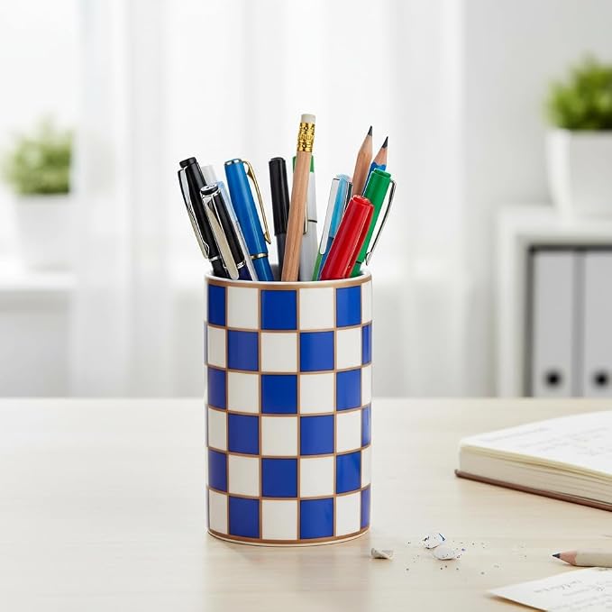 Checkered Bathroom Toothbrush Holder, Bathroom Black and White Ceramic Toothbrush Holder, Modern Toothbrush Box, Used for Bathroom countertop Storage Rack, Checkered Bathroom Decoration (Blue)