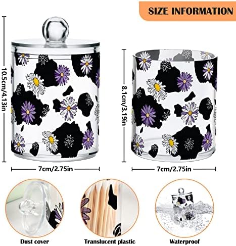 Daisy Flower Cow Print 4 Pack Plastic Qtips Holder Bathroom Organizer Canisters for Cotton Balls/Swabs/Pads/Floss,Plastic Apothecary Jars for Vanity