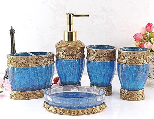 AMSS 5 Piece Stunning Bathroom Accessories Set in Crystal Like Resin Tumbler Dispenser Soap Dish Cups (Blue B)