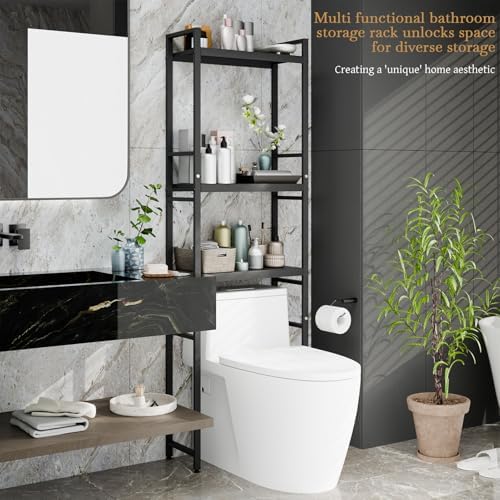 3-Tier Over Toilet Storage Rack, Freestanding Above Toilet Shelf Bathroom Organizer Shelf Over Toilet Adjustable Wooden Shelves Space Saver for Rooms Bathroom Cabinet for Laundry (Black)