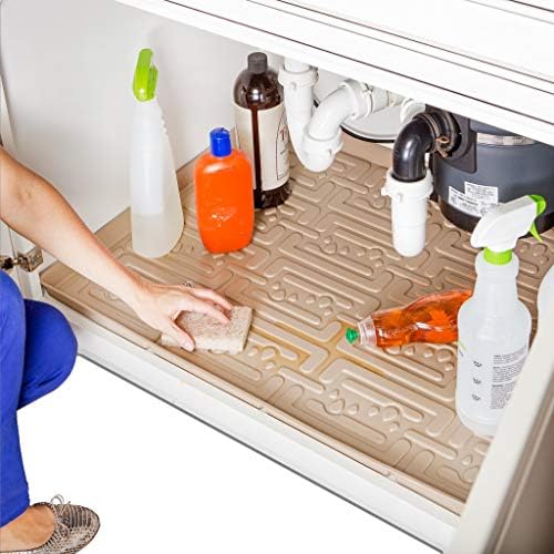 XTREME MATS Waterproof Undersink Mat (Beige 25" 1/4 x 22 1/4) Cabinet Base Liner for Kitchen & Laundry Cabinets Catches Leaks Prevents Damage Flexible Sink Driptray
