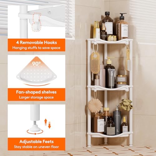 Lifewit 3 Tier Corner Shower Caddy with Hooks, Bathroom Organizer, White