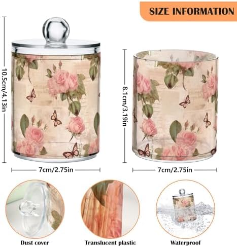 4 Pack Qtip Holder Dispenser with Lids - Vintage Paper Roses Butterfly Plastic Storage Containers - Bathroom Canisters Organizer for Cotton Swab, Cotton Round Pads, Floss 21215190