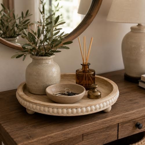 Round Wooden Tray for Decor, Rustic Farmhouse Centerpiece