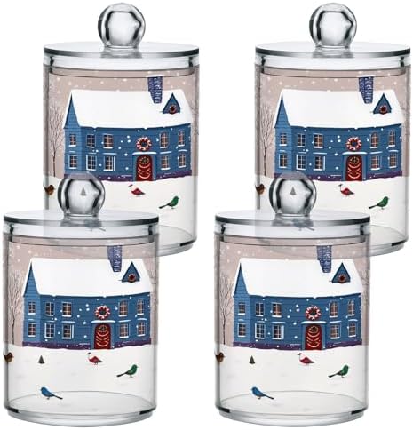 Christmas Winter Qtip Holder Dispenser 4 Pack Snowmen Snow Courtyard with Trees Apothecary Jars with Lids Bathroom Vanity Countertop Canister Storage Organizer for Cotton Ball,Swabs,Pads,Floss