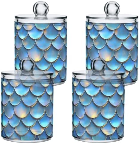 ALAZA 2pcs Blue Mermaid Scale 3D Funny Qtip Holder Dispenser 14 oz Bathroom Storage Clear Apothecary Jars Containers Cotton Ball,Cotton Rounds,Floss Picks, Hair Clips, Food