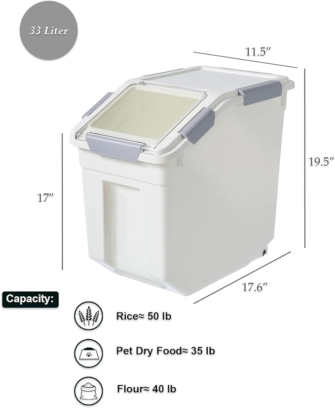 33 Liter / 50 lbs Rice Storage Container with Measuring Cup, BPA free, For Rice | Grain | Pet Food | Flour, 2 count, White