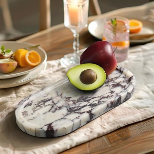 YMXYJM Real Natural Marble Tray for Bathroom, Luxury Calacatta Viola Stone Vanity Tray, Decorative Oval Trays for Countertop Storage Organizer, Dresser, Kitchen, Home Decor, 11.8" x 6", Purple