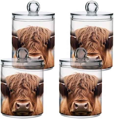 4 Pack Apothecary Jars Bathroom Highland Cow Qtip Holder Dispenser Clear Plastic Storage Canister Jar with Lid for Cotton Ball, Cotton Swab