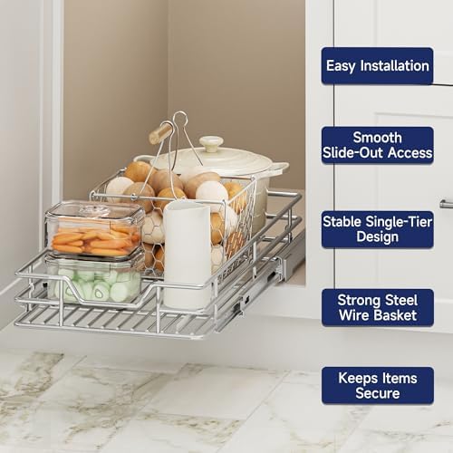 Pull Out Cabinet Organizer, 11.5" W x 21.5" D, Heavy Duty Chrome Slide Out Shelf for Narrow Base Cabinets, Sliding Wire Basket Drawer for Spices, Bottles, Snacks & Cleaning Supplies