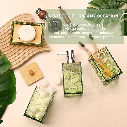 GAHEFY Sage Green Bathroom Accessories Set, Toothbrush Holder, Soap Dispenser, Cotton Swabs Holder, Soap Dish, Toilet Brush with Holder, Boho Bamboo Bathroom Decor,Acrylic (Green)