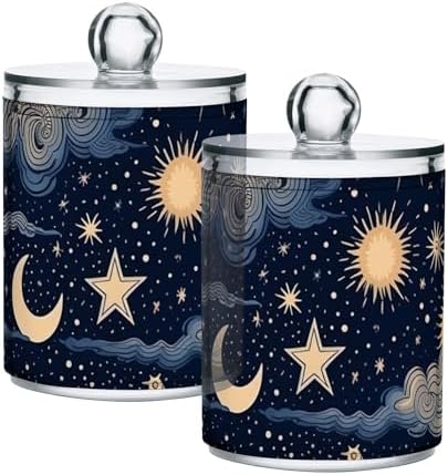 4 Pack Apothecary Jars Bathroom Stars and Moon Qtip Holder Dispenser Clear Plastic Storage Canister Jar with Lid for Cotton Ball, Cotton Swab